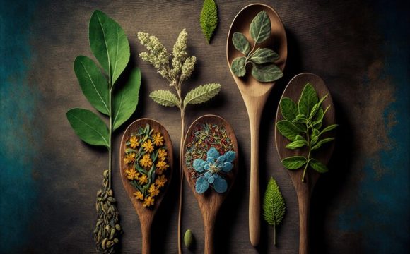 closeup-table-with-fresh-medicinal-plants-wooden-spoons_1043470-65947